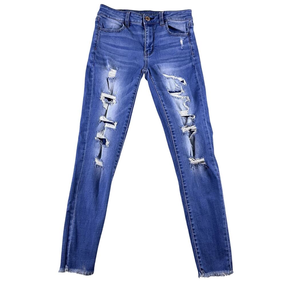 American Eagle Jeans Women 4 Blue Super MidRise Ankle Distressed‎ Stretch Denim